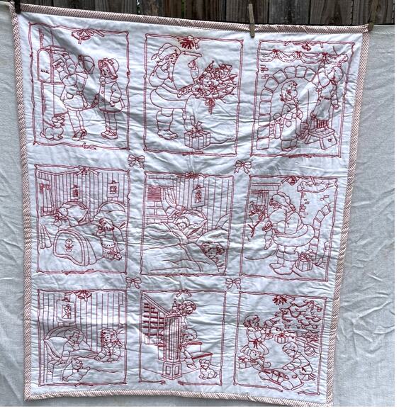 Kids Santa Christmas Throw Wall Hanging Red Work Embroidery Retro 1920s Style - Picture 1 of 10